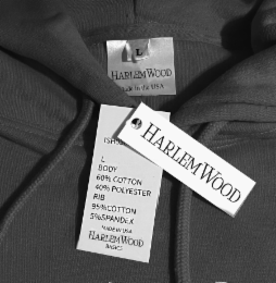 L HARLEMWOOD MADE IN THE USA ISHOSU BODY 60% COTTON 40% POLYESTER RIB 95%COTTON 5%SPANDEX MADE IN USA HARLEMWOOD BASICS L HARLEMWOOD