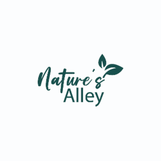 NATURE'S ALLEY WITH TWO LEAVES ABOVE APOSTROPHE 'S  OF NATURE'S WITH ALLEY WRITTEN BELOW IT.